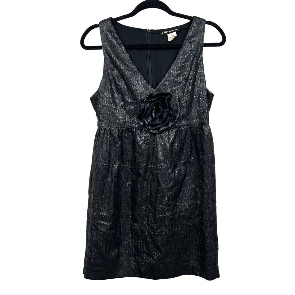 Akira Chicago Black Label Women Sequin Sheath Dress Flower Detail Lined Black M*